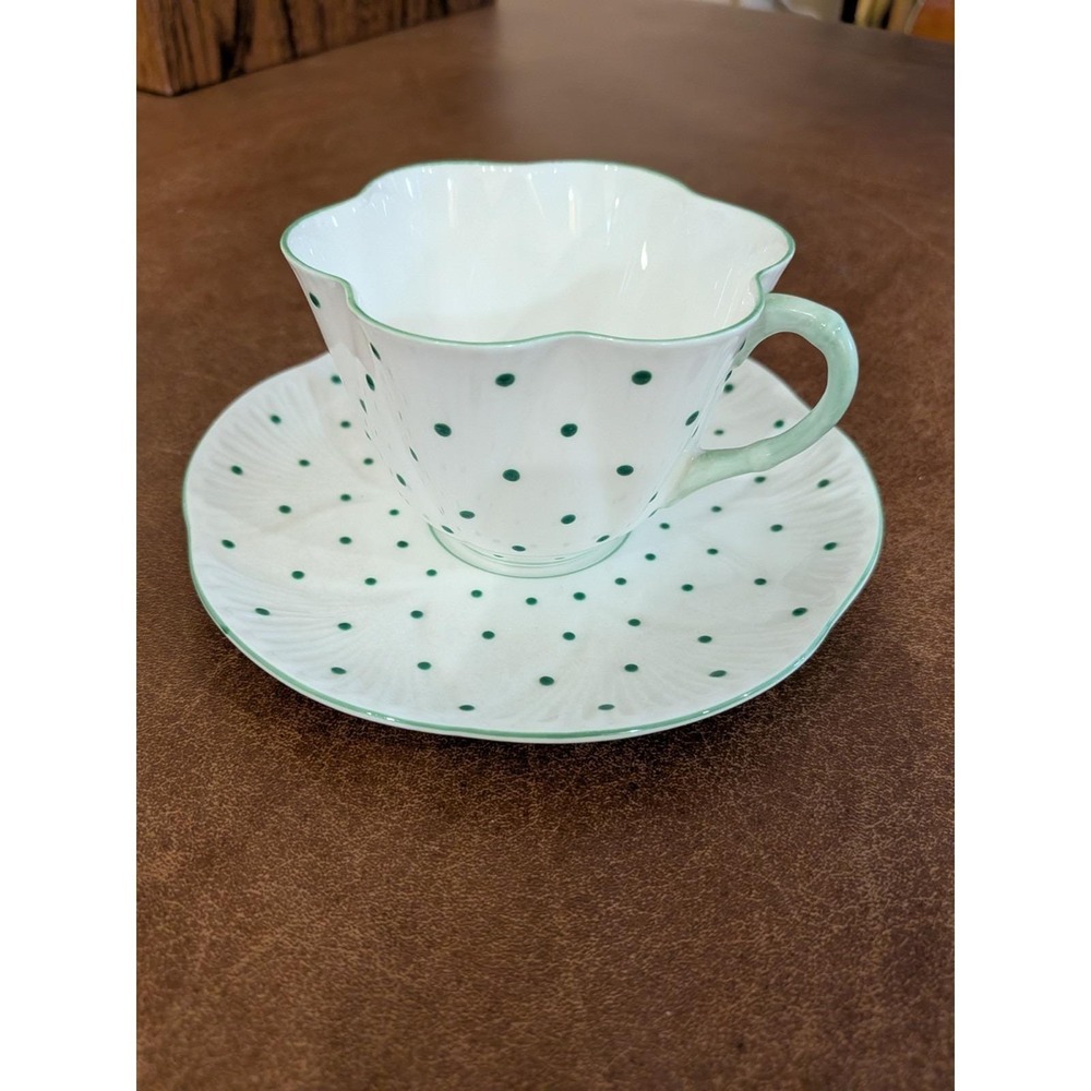 Shelley England Dainty Green Polka Dot Teacup and Saucer Fine Bone China 13748